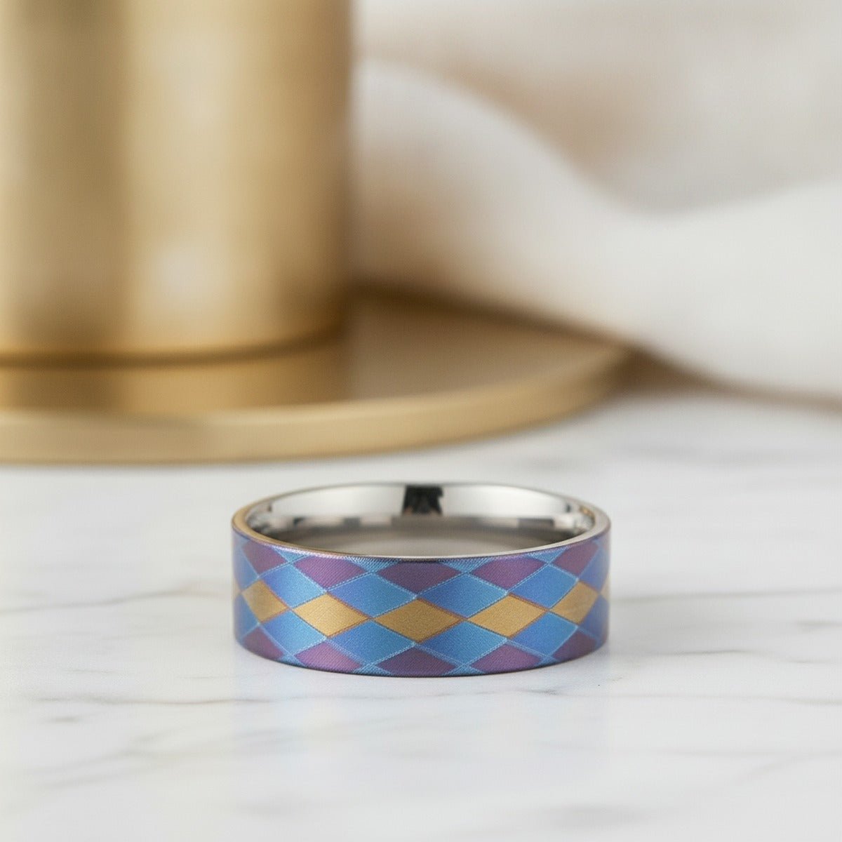 Aydins MAJESTIC | Flat Titanium Ring, Purple Blue Gold Diamond Pattern lifestyle scene, marble minimal