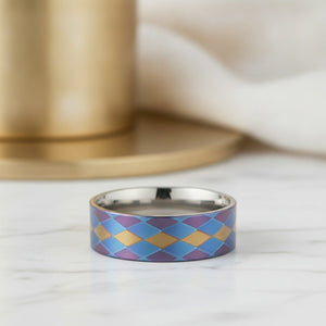 Aydins MAJESTIC | Flat Titanium Ring, Purple Blue Gold Diamond Pattern lifestyle scene, marble minimal