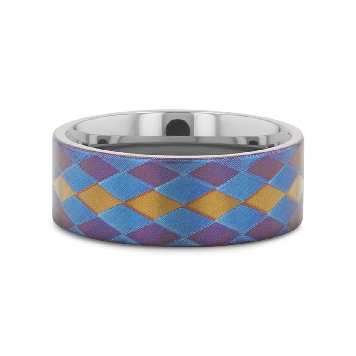 MAJESTIC flat titanium ring with anodized purple, blue, and gold diamond pattern, top-down view