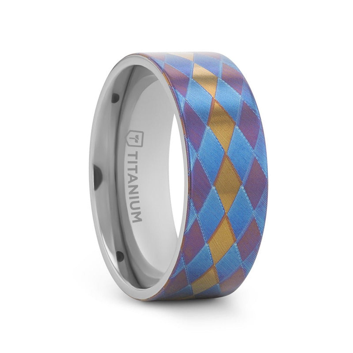 MAJESTIC flat titanium ring with anodized purple, blue, and gold diamond pattern, side profile