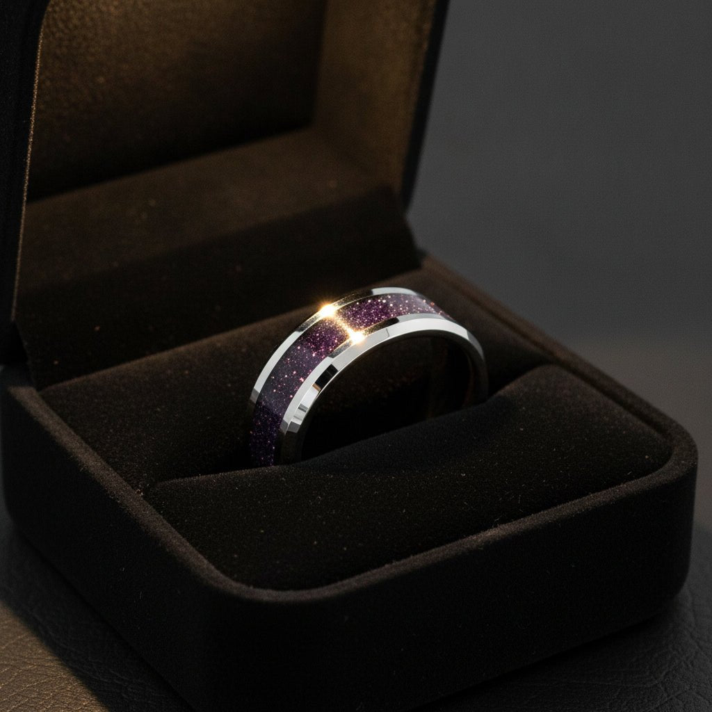 MAKI polished silver tungsten wedding band with sparkling purple goldstone inlay running around the band and polished beveled edges nested in a black velvet ring box, editorial jewelry shot