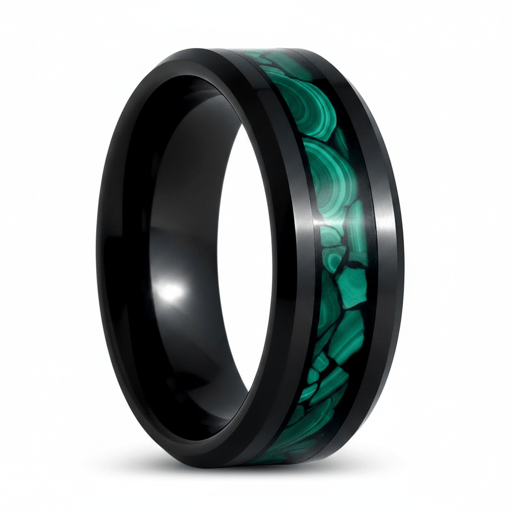 MALACHIP — Hero product shot — men's tungsten wedding ring.