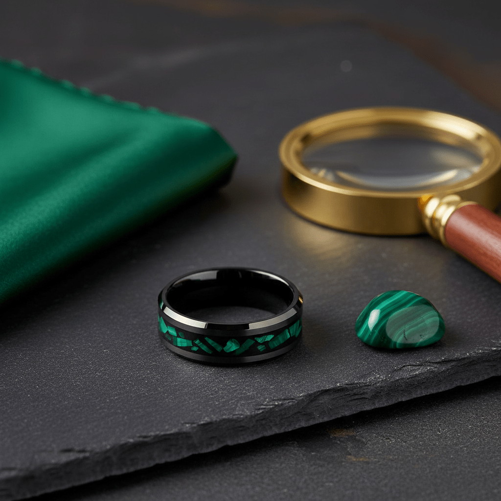 MALACHIP — Editorial masculine still life — men's tungsten wedding ring.