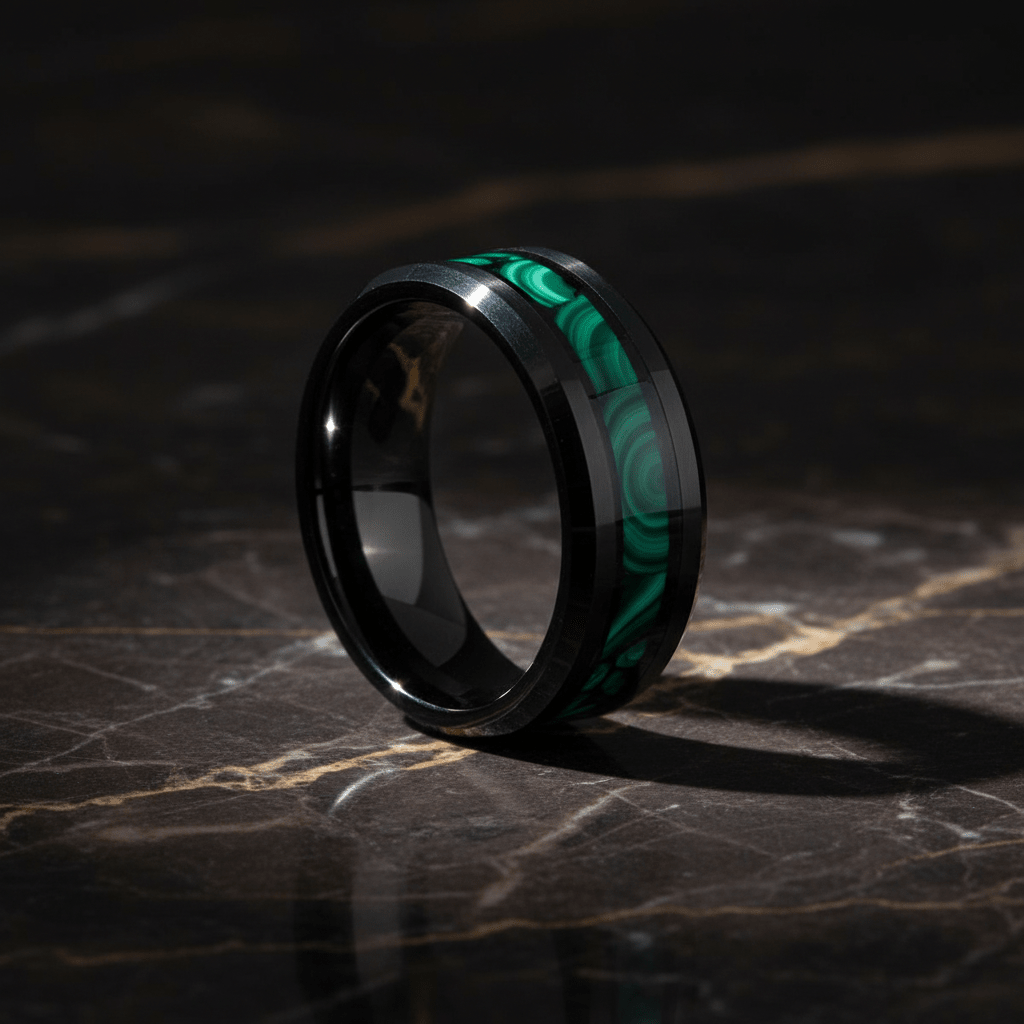 MALACHIP — Luxury 3/4 angle on dark marble — men's tungsten wedding ring.