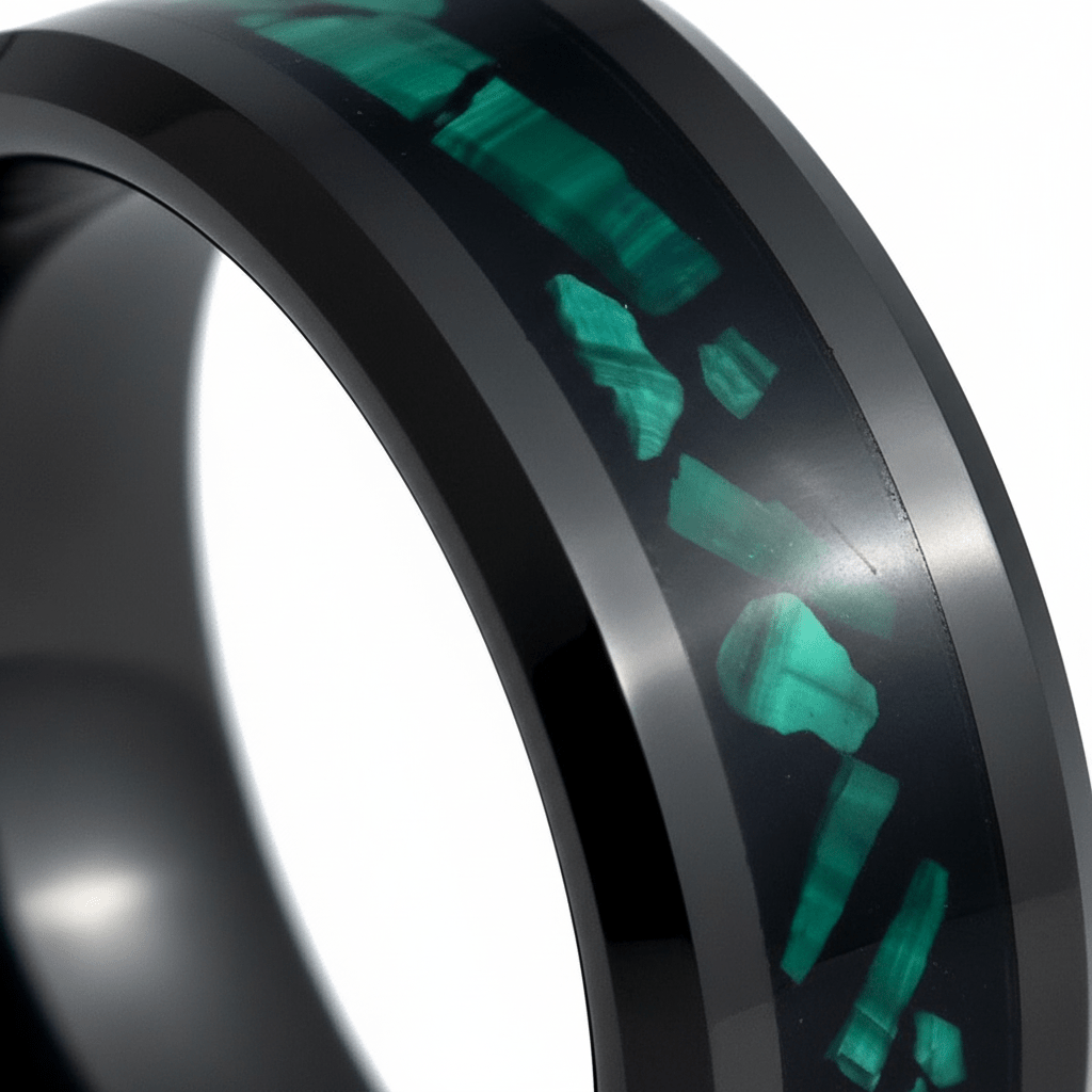 MALACHIP — Extreme macro detail — men's tungsten wedding ring.