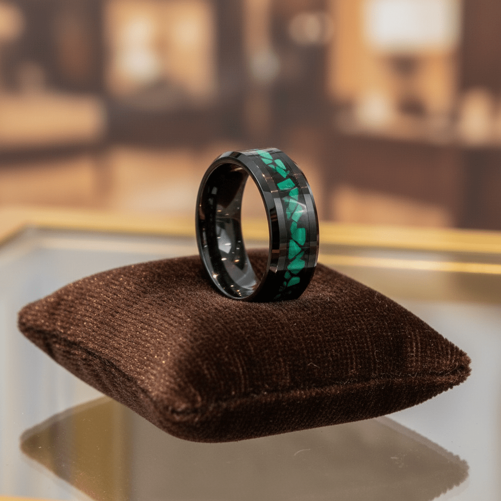 MALACHIP — Premium boutique display on velvet — men's tungsten wedding ring.