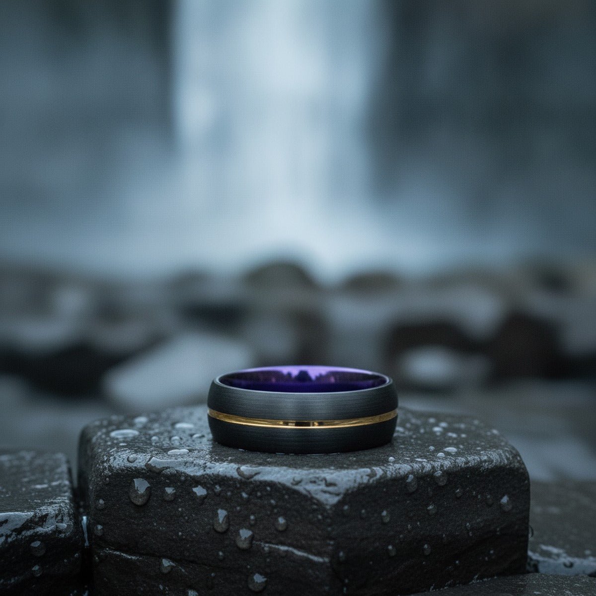 Aydins MARCEL | Purple Ring, Black Tungsten Ring, Gold Groove, Domed lifestyle scene, waterfall basalt