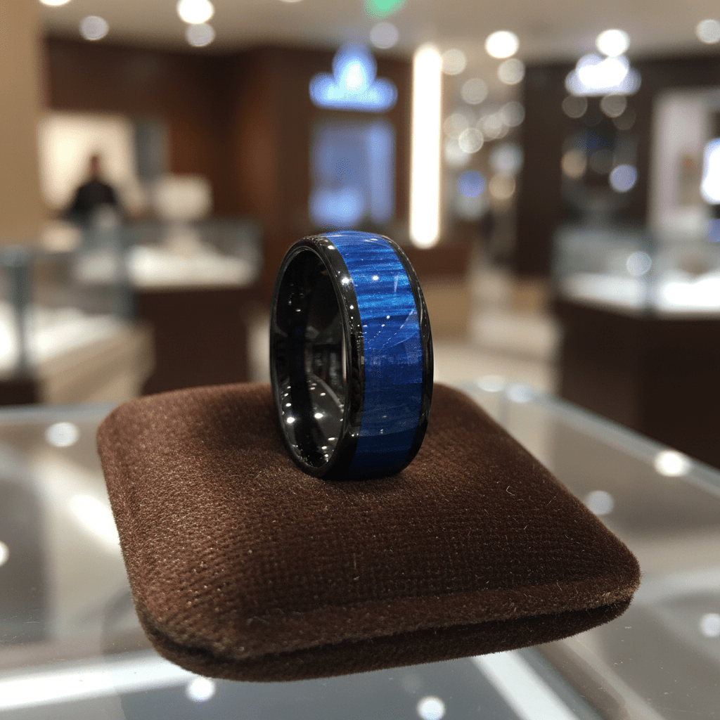 MARCO — Premium boutique display on velvet — men's tungsten wedding ring.