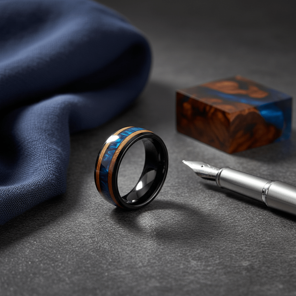 MARCO — Editorial masculine still life — men's tungsten wedding ring.