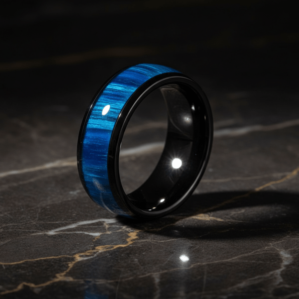 MARCO — Luxury 3/4 angle on dark marble — men's tungsten wedding ring.