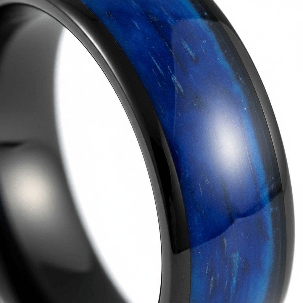 MARCO — Extreme macro detail — men's tungsten wedding ring.