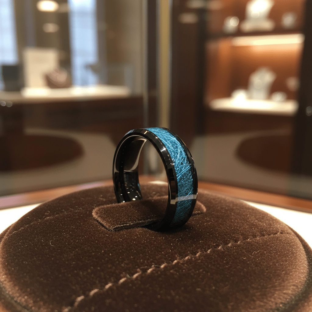MARIEMONT — Premium boutique display on velvet — men's tungsten wedding ring.