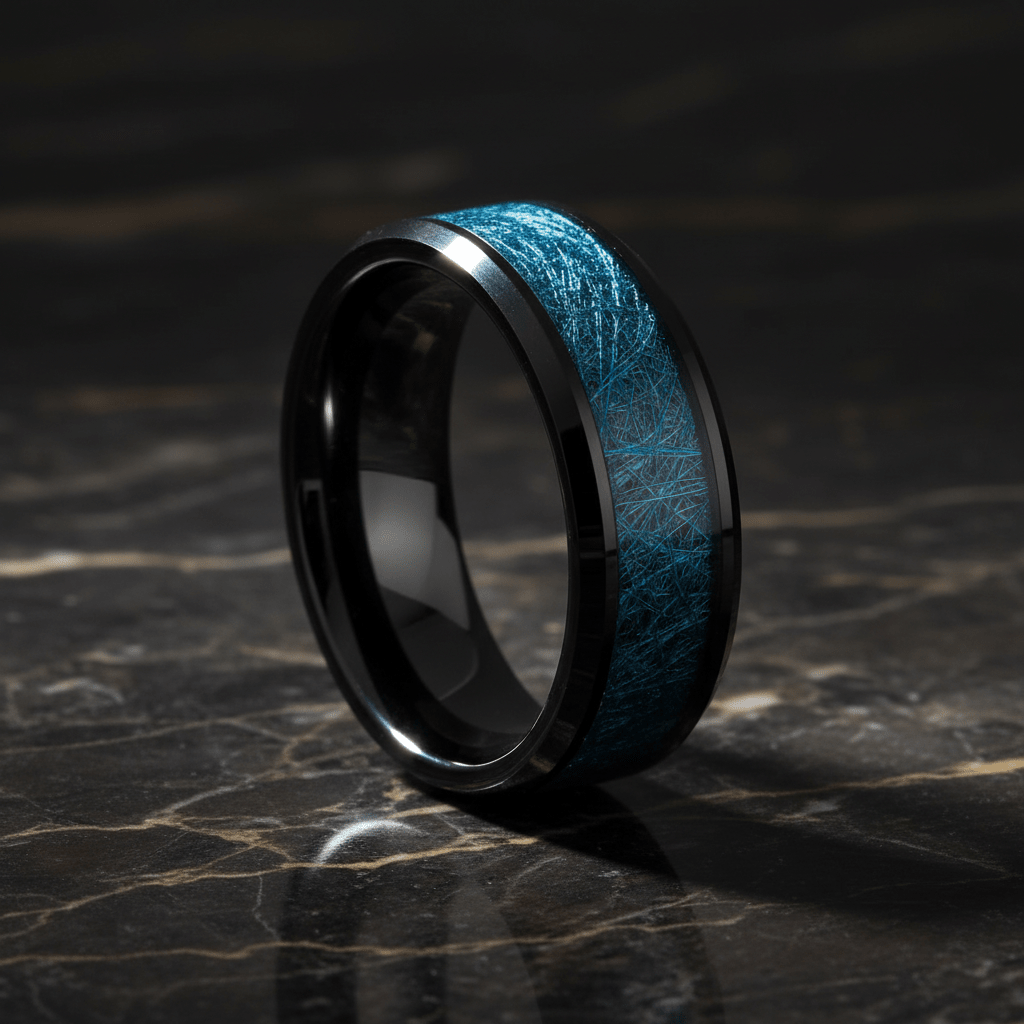 MARIEMONT — Luxury 3/4 angle on dark marble — men's tungsten wedding ring.