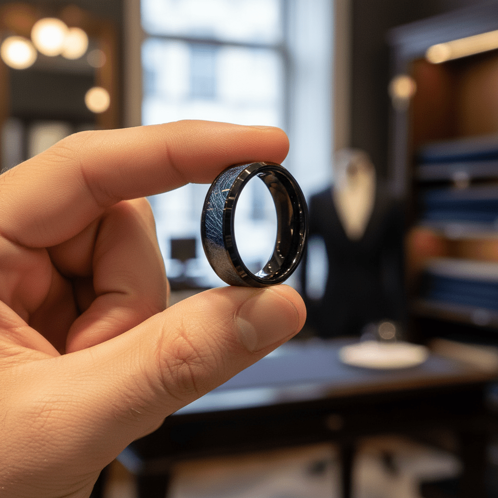 MARIEMONT — Held between fingers close-up — men's tungsten wedding ring.