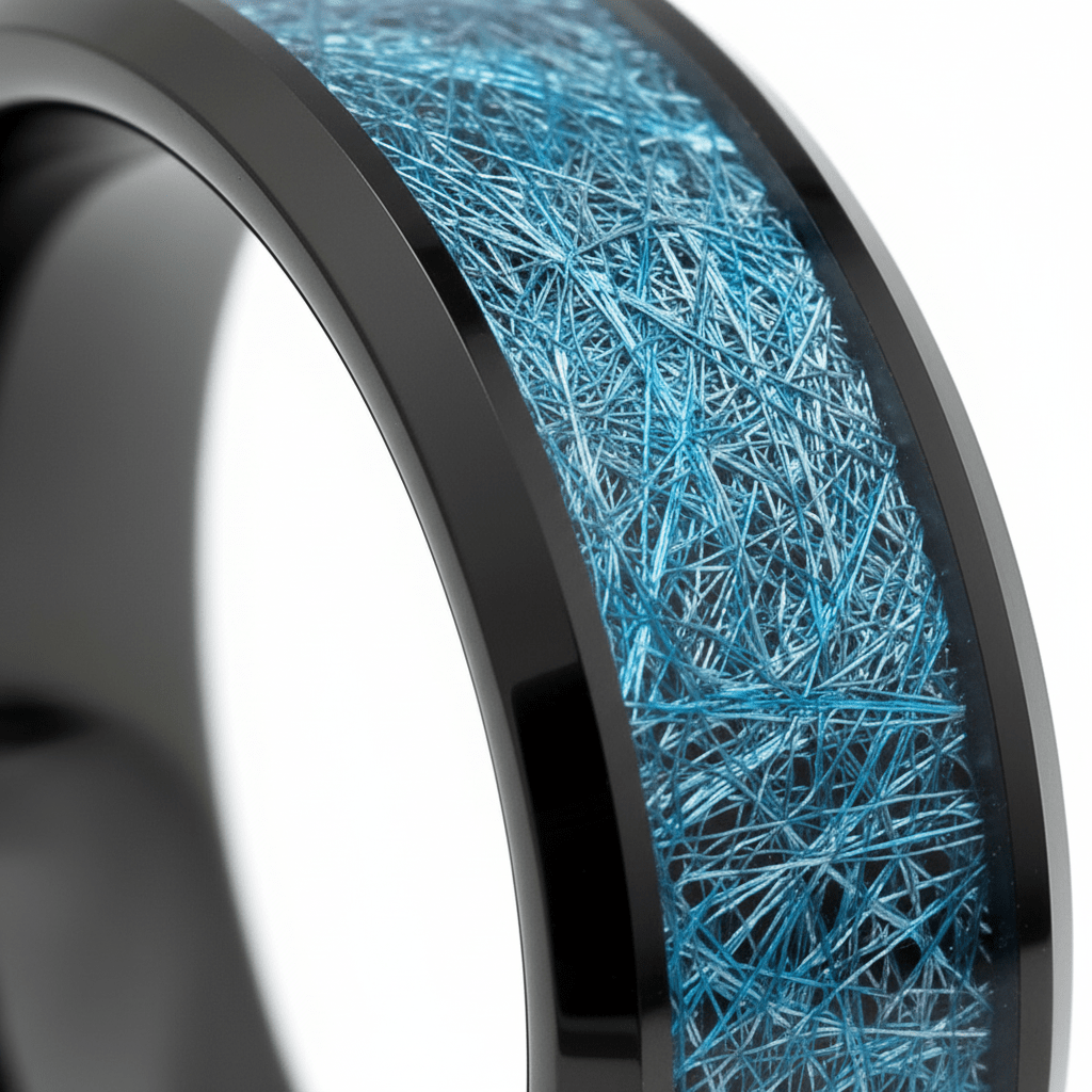 MARIEMONT — Extreme macro detail — men's tungsten wedding ring.