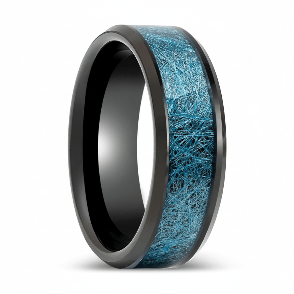 MARIEMONT — Hero product shot — men's tungsten wedding ring.