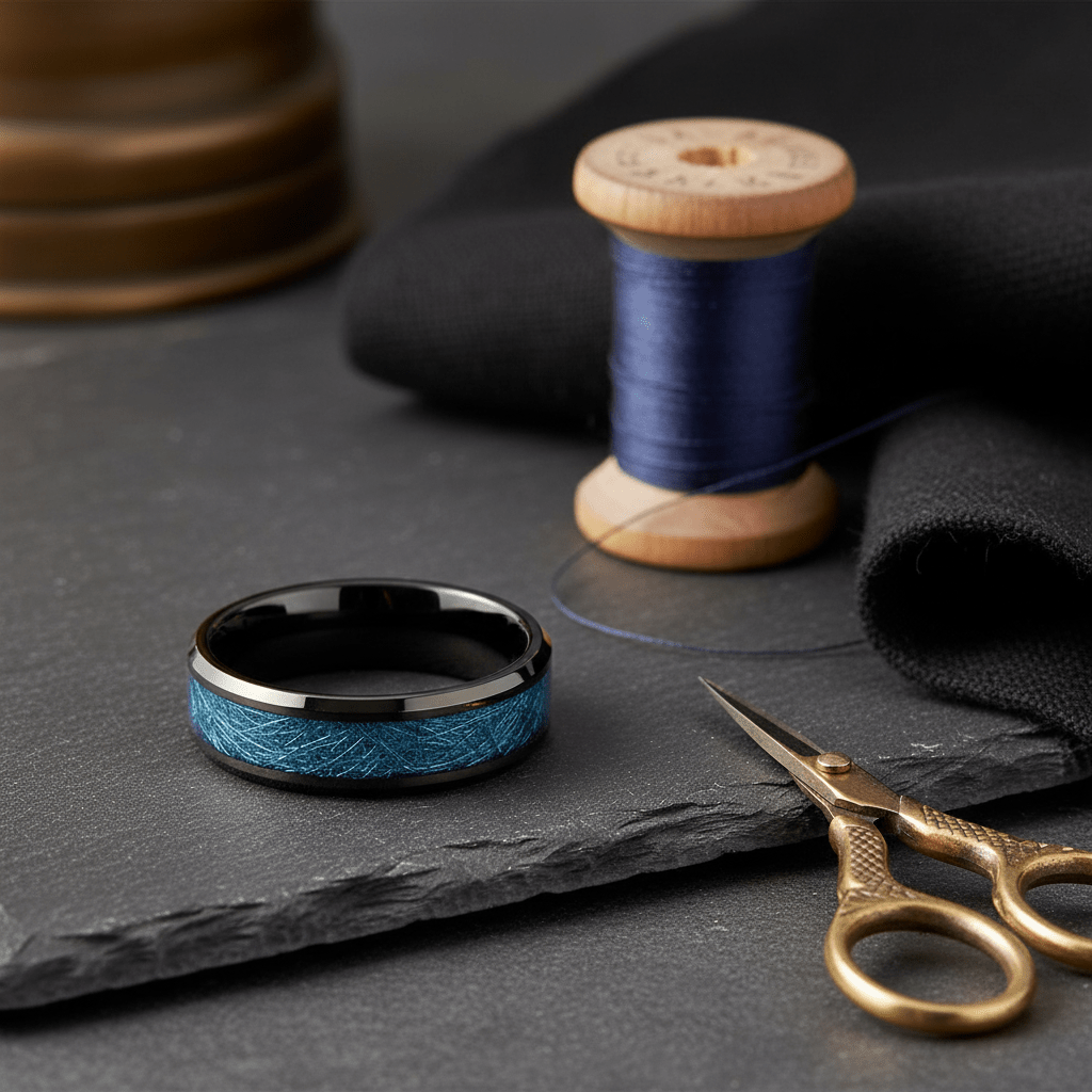 MARIEMONT — Editorial masculine still life — men's tungsten wedding ring.