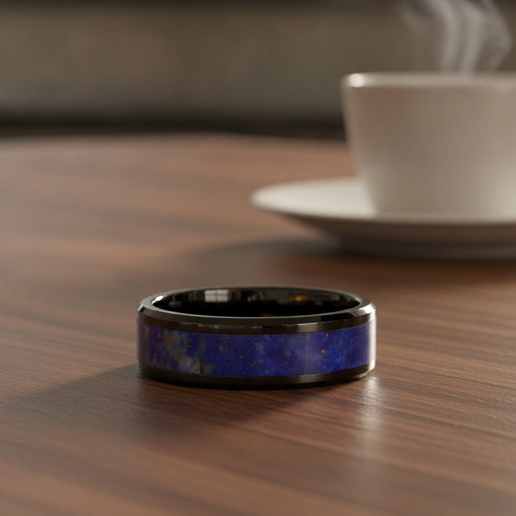 MARLOW polished black ceramic wedding band with blue lapis stone inlay running around the band and polished beveled edges resting on a walnut wood counter, lifestyle scene