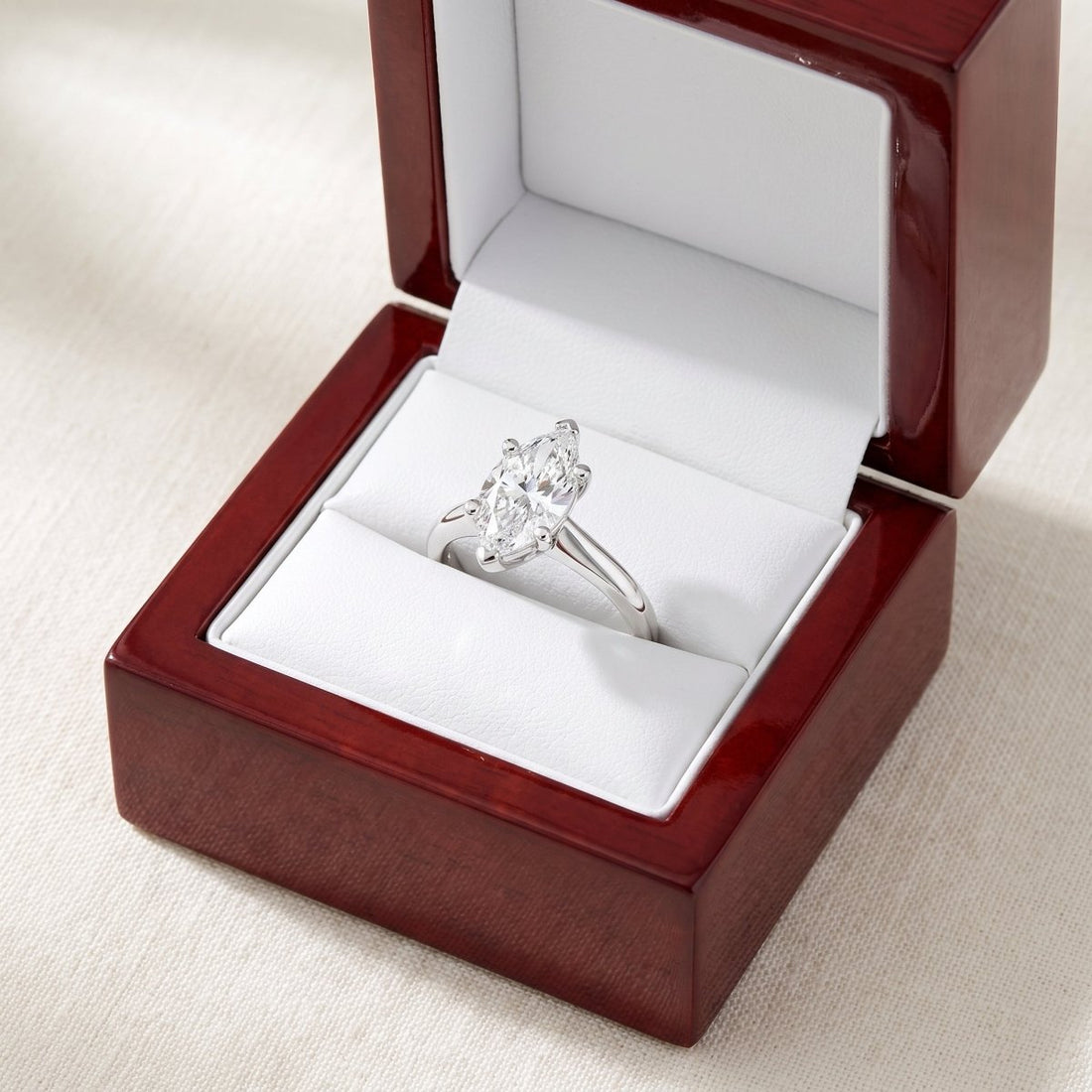 Marquise lab-grown diamond solitaire engagement ring, White Gold, in cherry-wood ring box