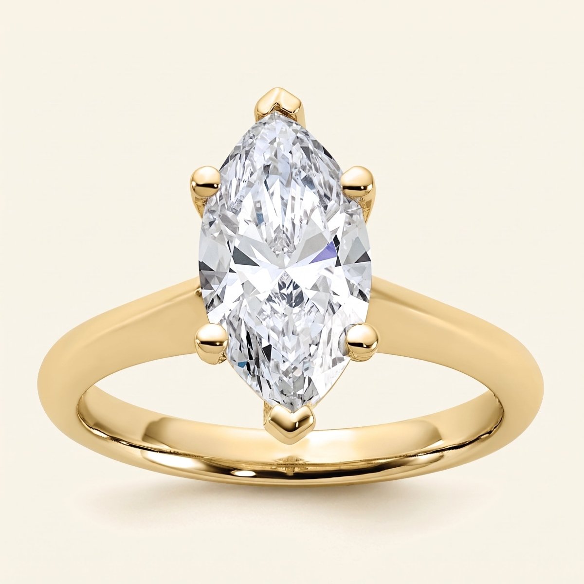 Marquise lab-grown diamond solitaire engagement ring, Yellow Gold, face-on detail macro