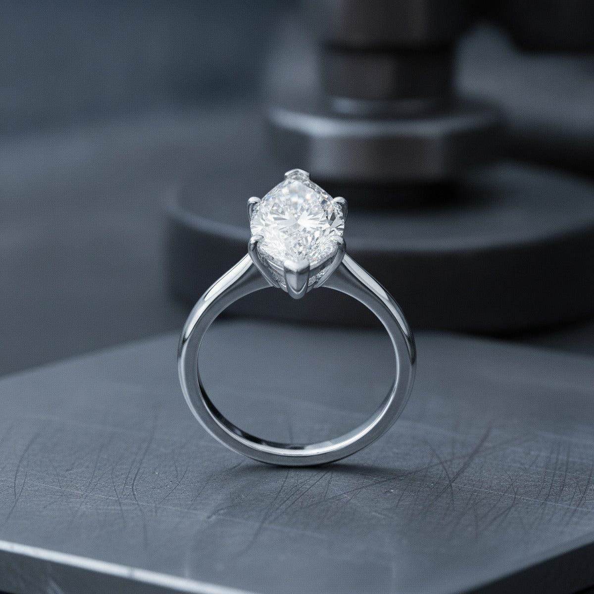 Aydins Marquise Cut Lab Grown Diamond Solitaire Engagement Ring in 925 Sterling Silver lifestyle scene, metalworker steel