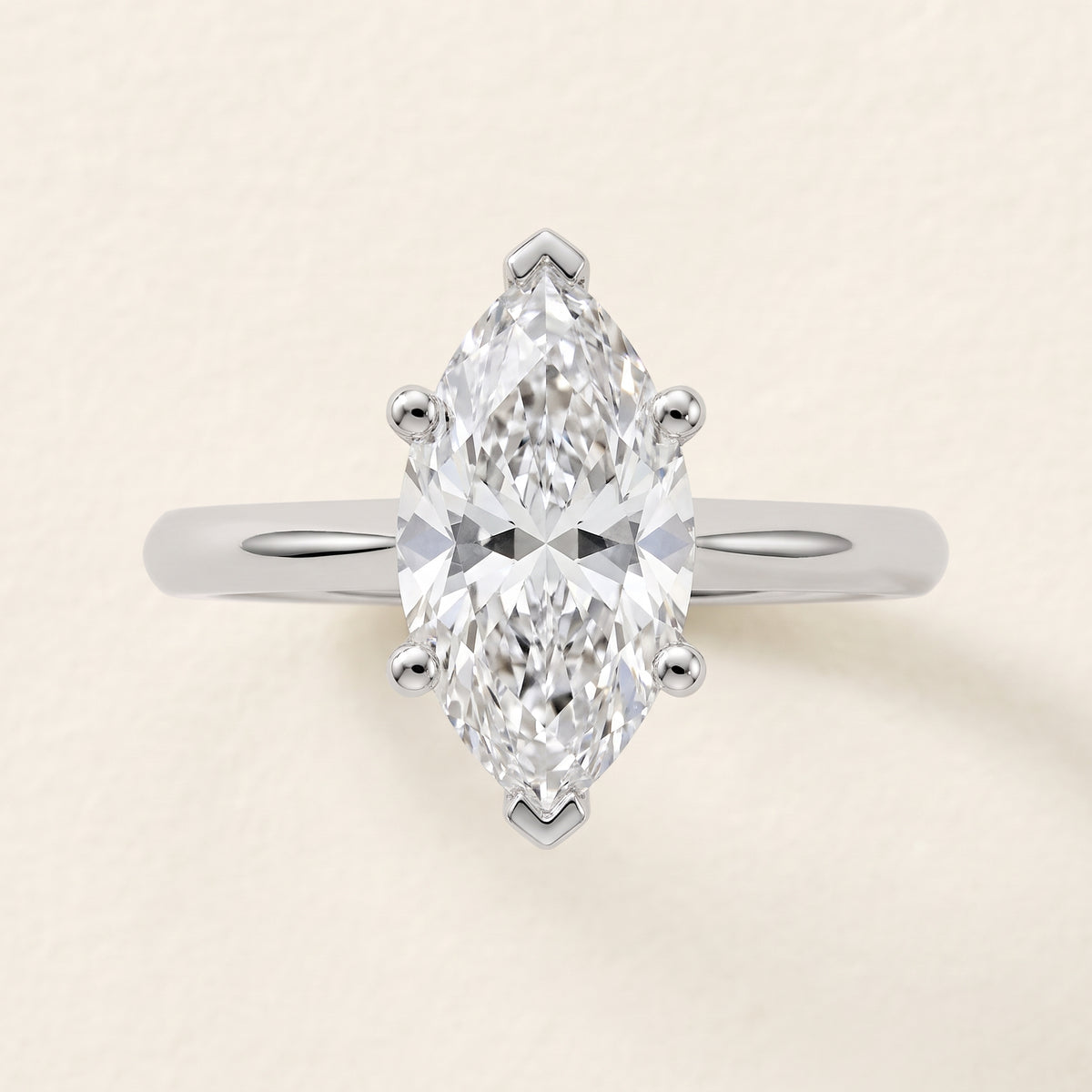 Marquise lab-grown diamond solitaire engagement ring, White Gold, face-on detail macro