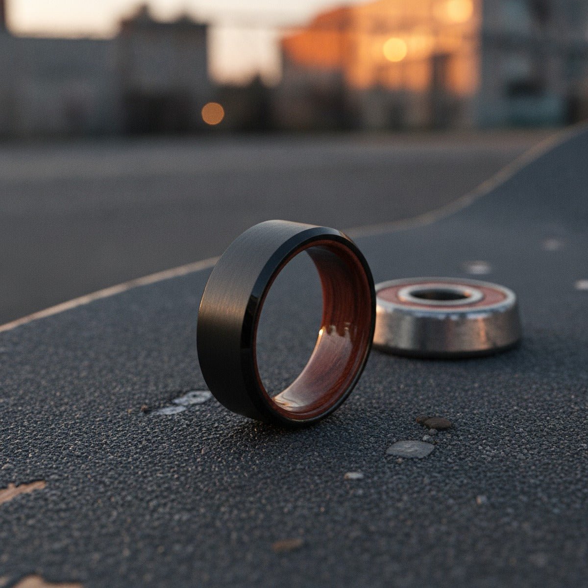 Aydins MASERATI | Tungsten Rosewood Inlay Ring lifestyle scene, skateboard griptape