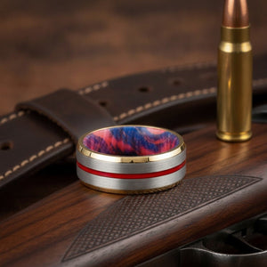 Aydins MASTERY | Tungsten Blue Red Wood Inlay Ring 8mm lifestyle scene, gunsmith table