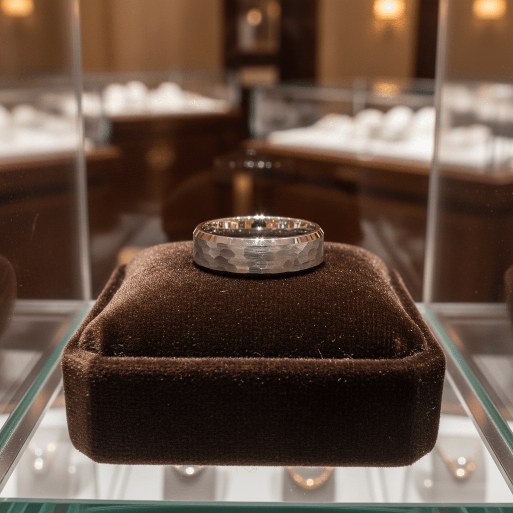 MATADOR — Premium boutique display on velvet — men's tungsten wedding ring.