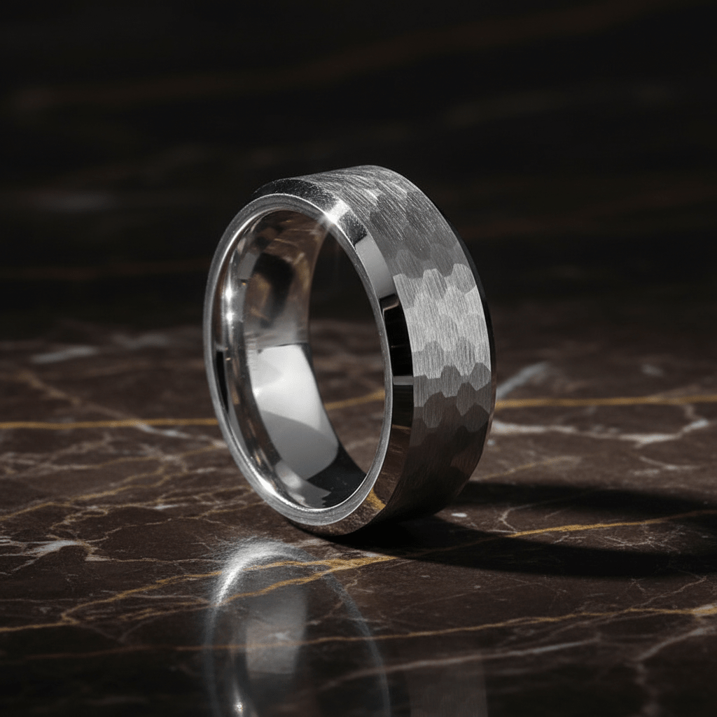 MATADOR — Luxury 3/4 angle on dark marble — men's tungsten wedding ring.