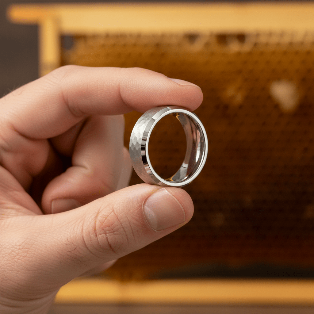 MATADOR — Held between fingers close-up — men's tungsten wedding ring.