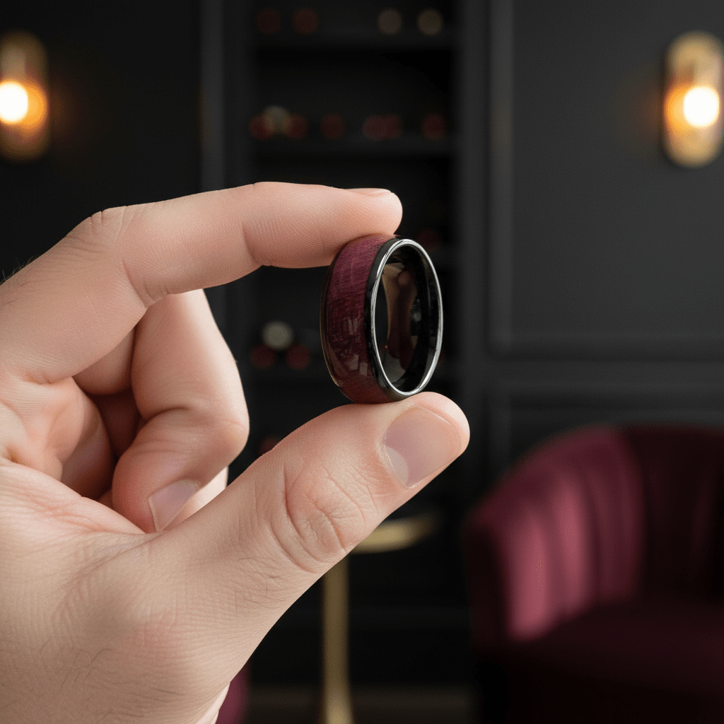 MATHAIOS — Held between fingers close-up — men's tungsten wedding ring.