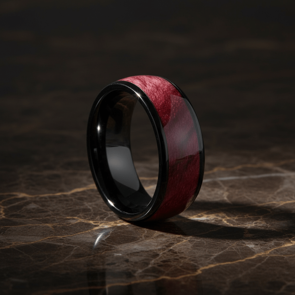 MATHAIOS — Luxury 3/4 angle on dark marble — men's tungsten wedding ring.