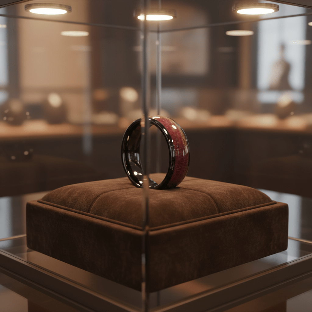 MATHAIOS — Premium boutique display on velvet — men's tungsten wedding ring.