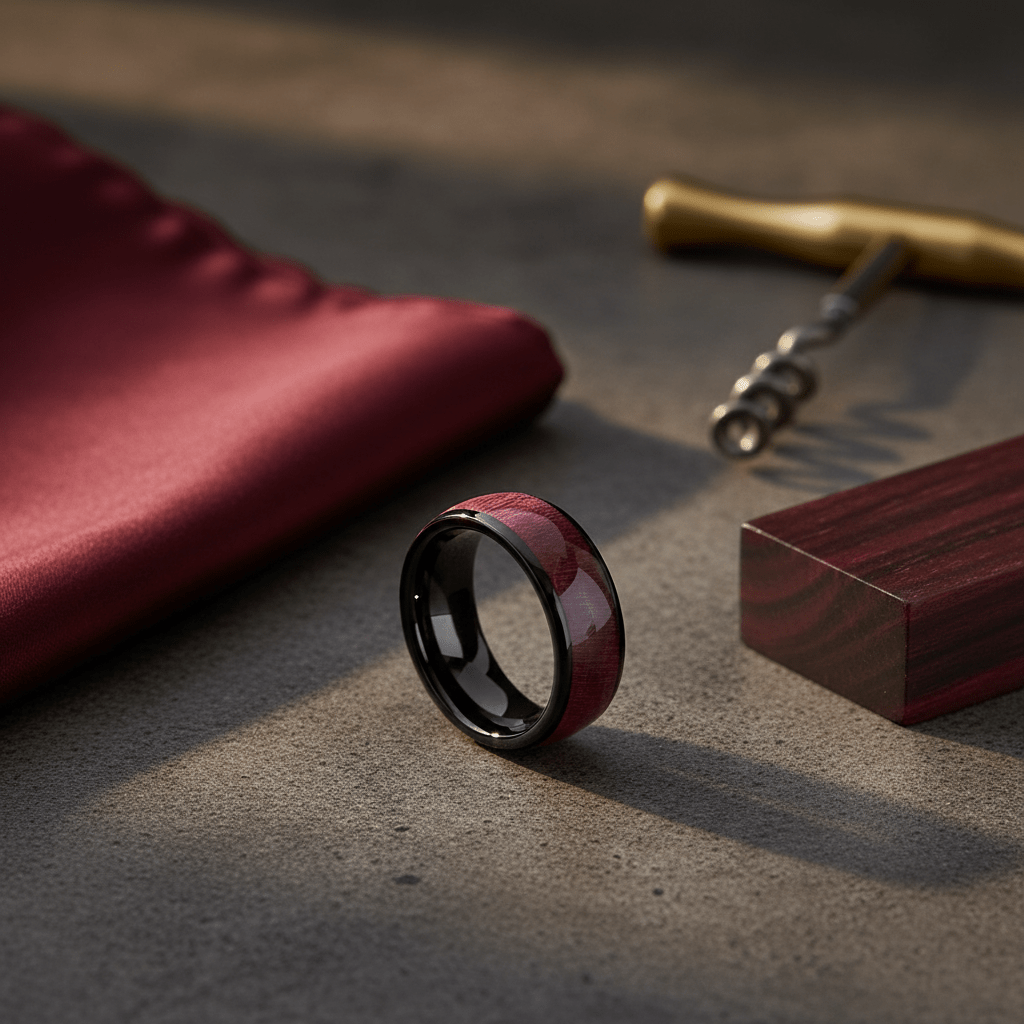 MATHAIOS — Editorial masculine still life — men's tungsten wedding ring.