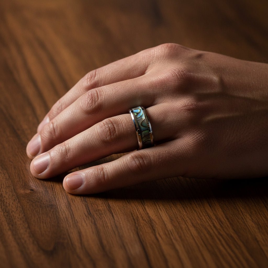 MAUI silver tungsten wedding band with iridescent mother of pearl inlay running around the band and polished edges worn on man's hand resting on walnut wood, lifestyle photo