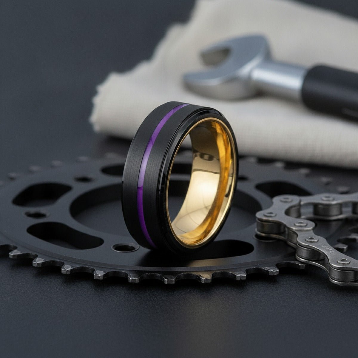 Aydins MELTON | Gold Ring, Black Tungsten Ring, Purple Groove, Stepped Edge lifestyle scene, cycling workshop