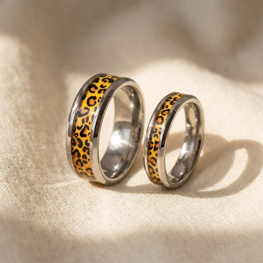 Men's Tungsten Wedding Band with Cheetah Print Animal Design Inlay and Bevels his and hers matching pair