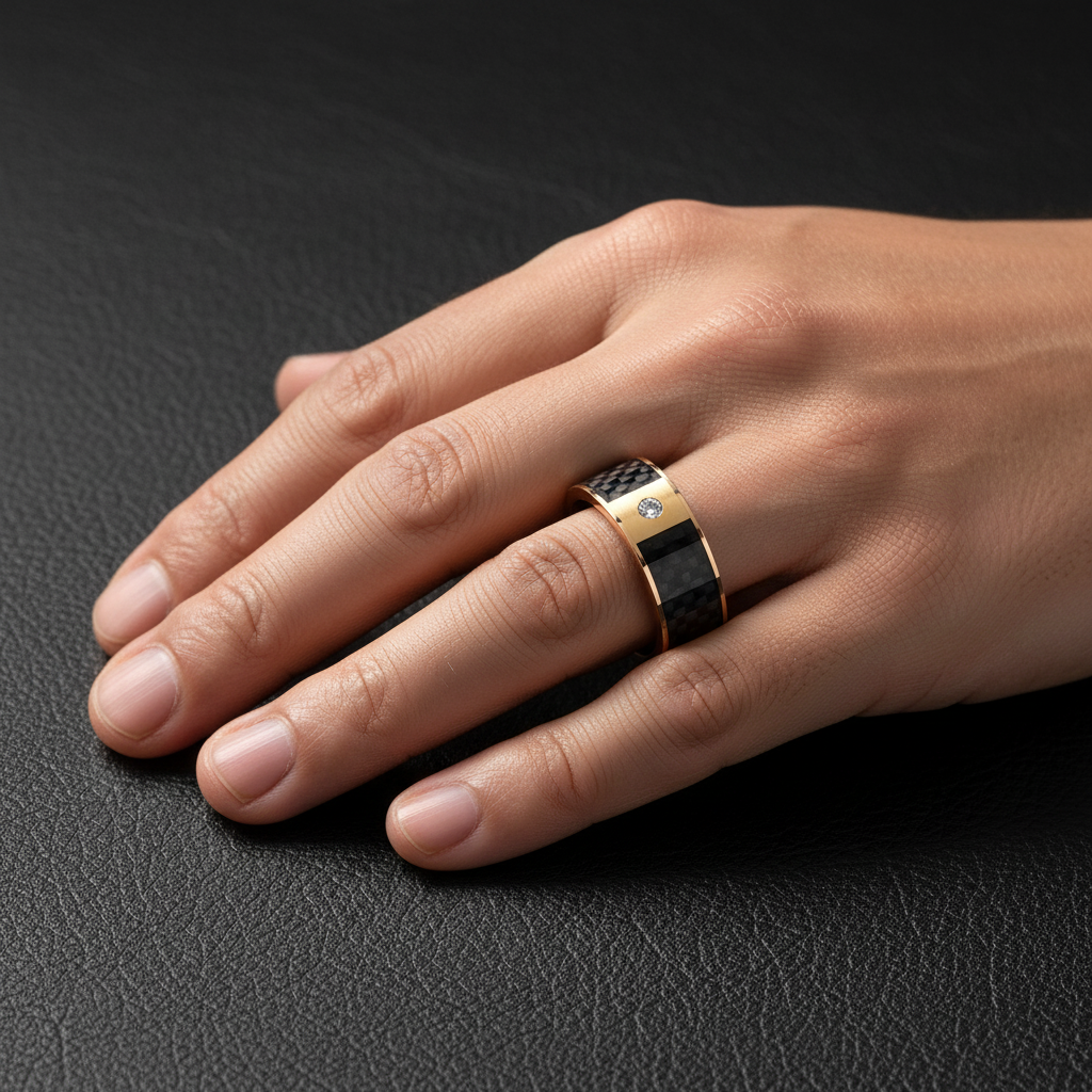 Black Carbon Fiber inlay 14k yellow gold wedding band 8mm with diamond, angled view