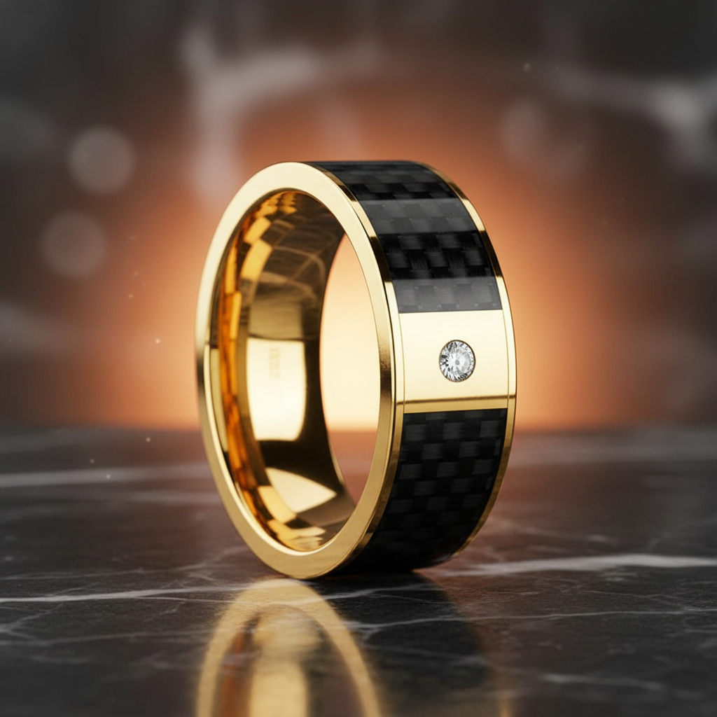 Black Carbon Fiber inlay 14k yellow gold wedding band 8mm with diamond, additional view 8