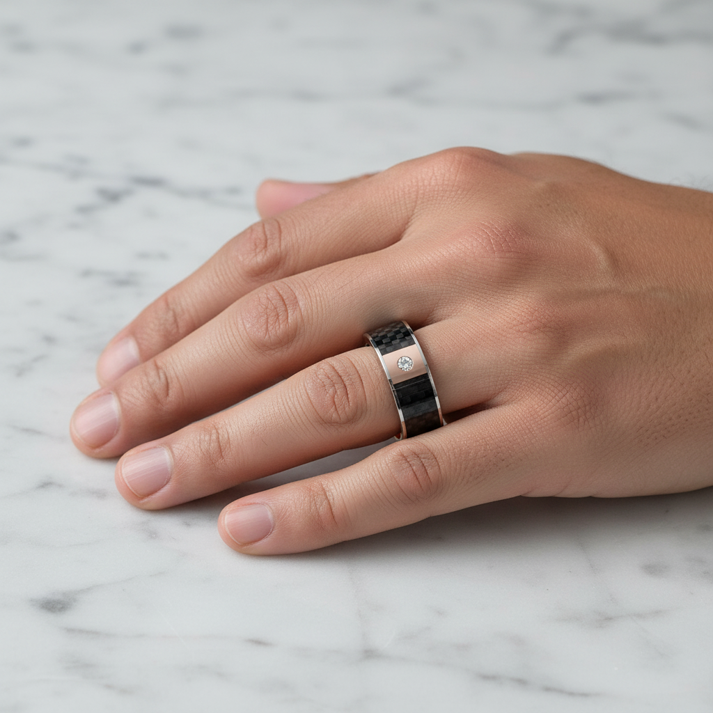 Black Carbon Fiber inlay 14k yellow gold wedding band 8mm with diamond, on the hand