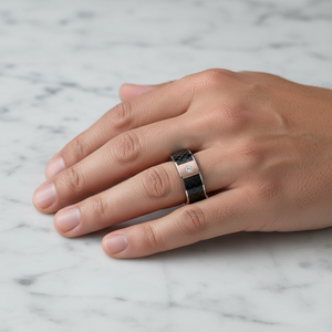 Black Carbon Fiber inlay 14k yellow gold wedding band 8mm with diamond, on the hand