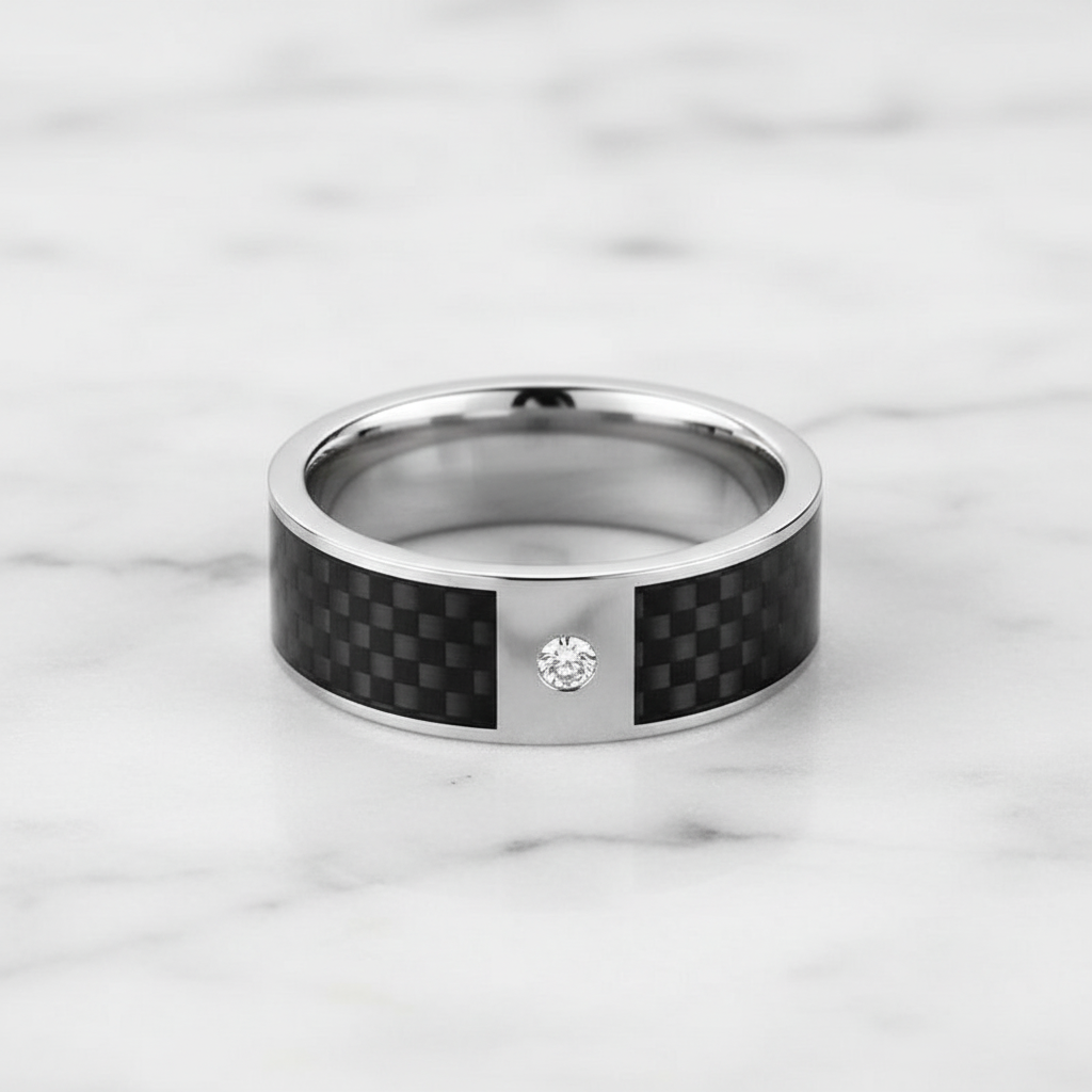 Black Carbon Fiber inlay 14k yellow gold wedding band 8mm with diamond, additional view 9
