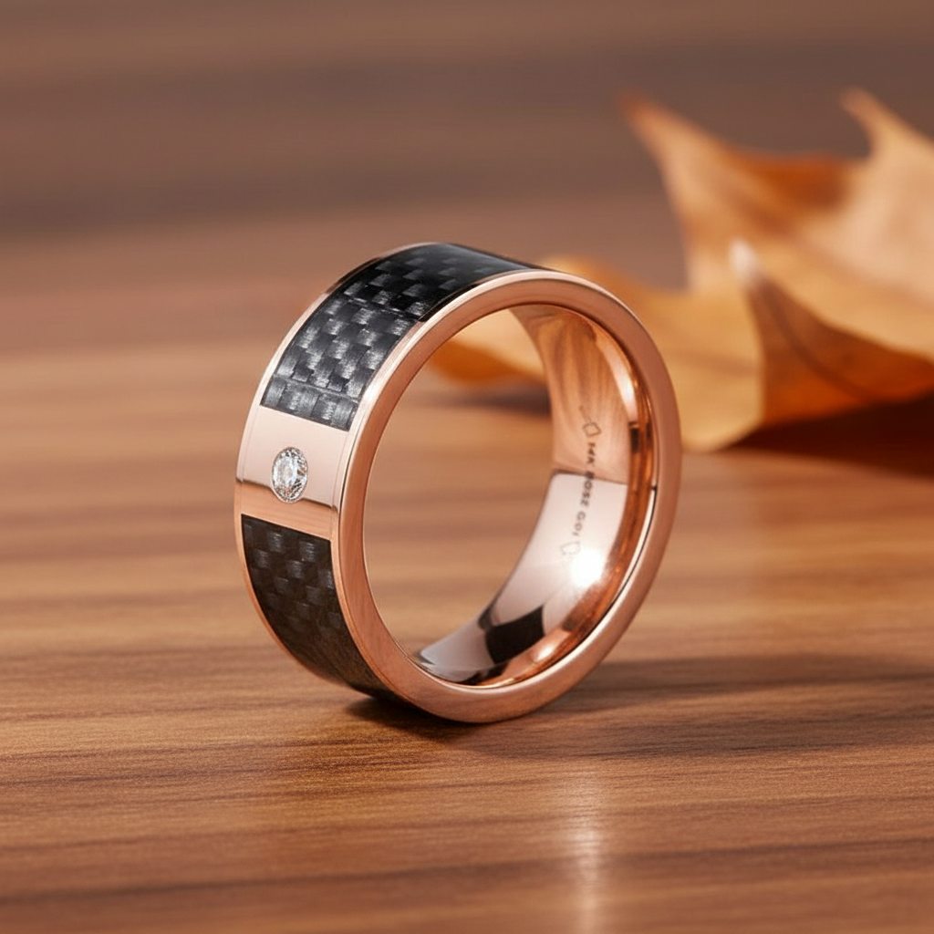 Black Carbon Fiber inlay 14k yellow gold wedding band 8mm with diamond, additional view 10