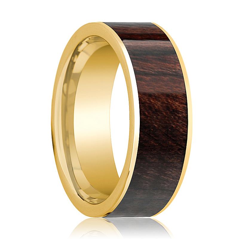 Bubinga Wood inlay 14k yellow gold wedding band 8mm, side profile