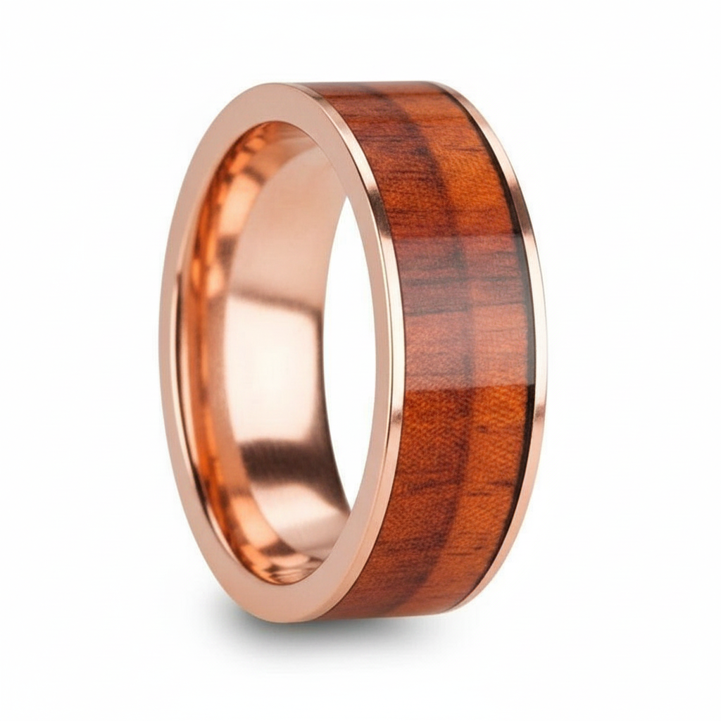 Padauk Wood inlay 14k yellow gold wedding band 8mm, additional view 8