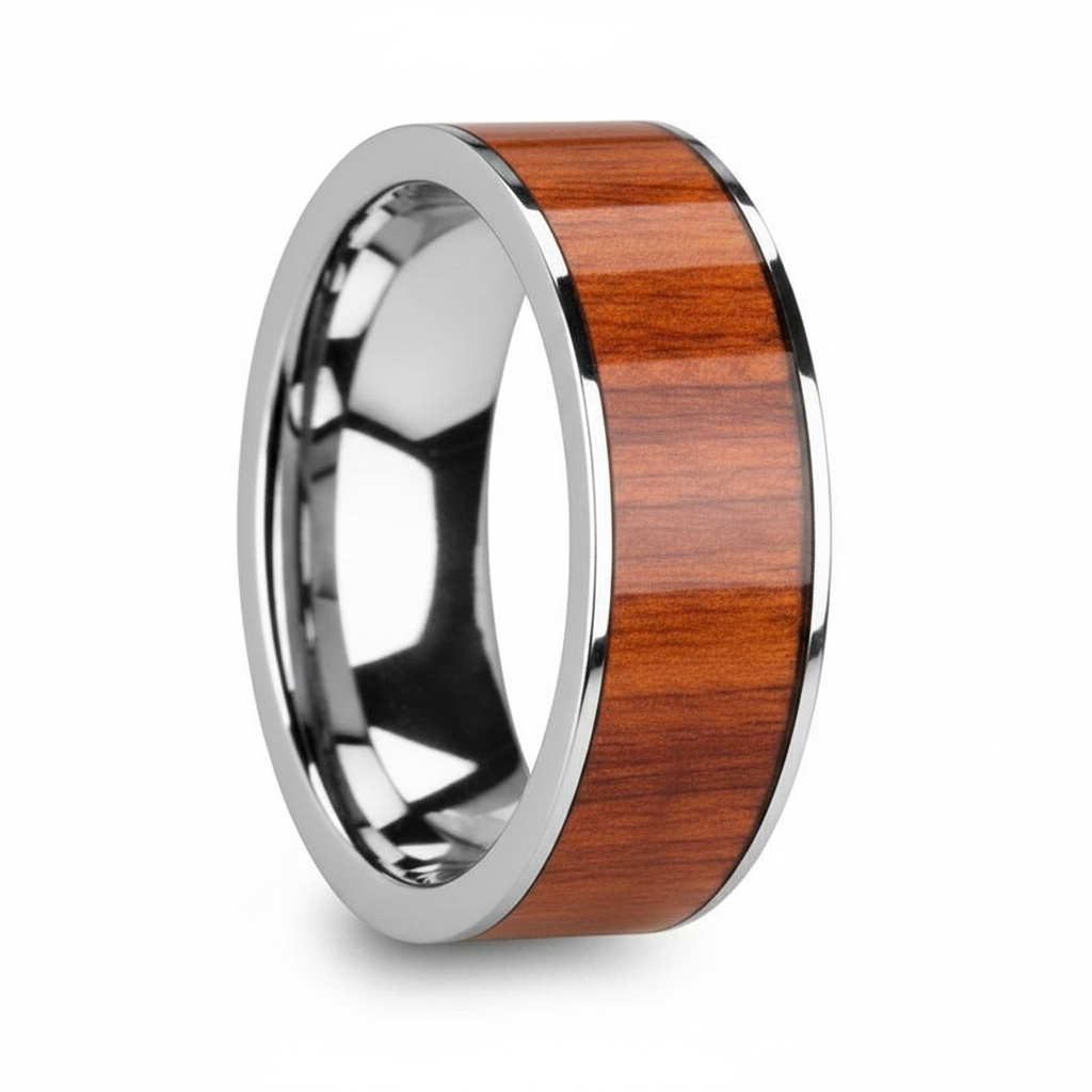 Padauk Wood inlay 14k yellow gold wedding band 8mm, on the hand