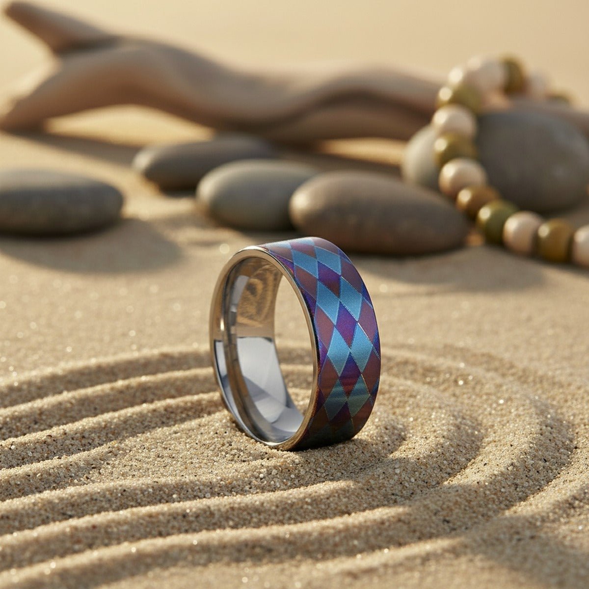 MERIDIAN | Flat Titanium Ring, Purple and Blue Diamond Pattern lifestyle photography