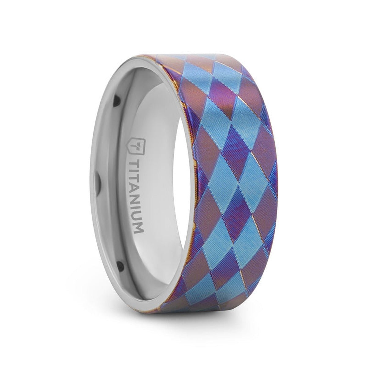 MERIDIAN flat titanium ring with anodized purple and blue diamond pattern, side profile