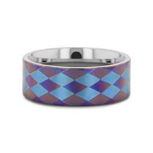 MERIDIAN flat titanium ring with anodized purple and blue diamond pattern, top-down view